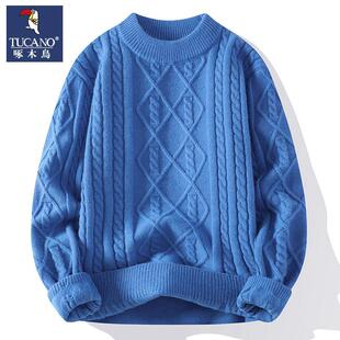 毛线衣男半高领保暖毛衣针织衫 啄木鸟个性 扭花高级感宽松白色时尚