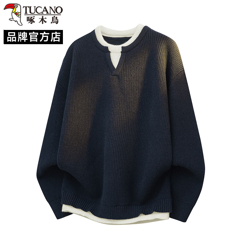 啄木鸟假两件圆领针织衫男士秋冬季加厚保暖宽松高级感毛衣慵懒风