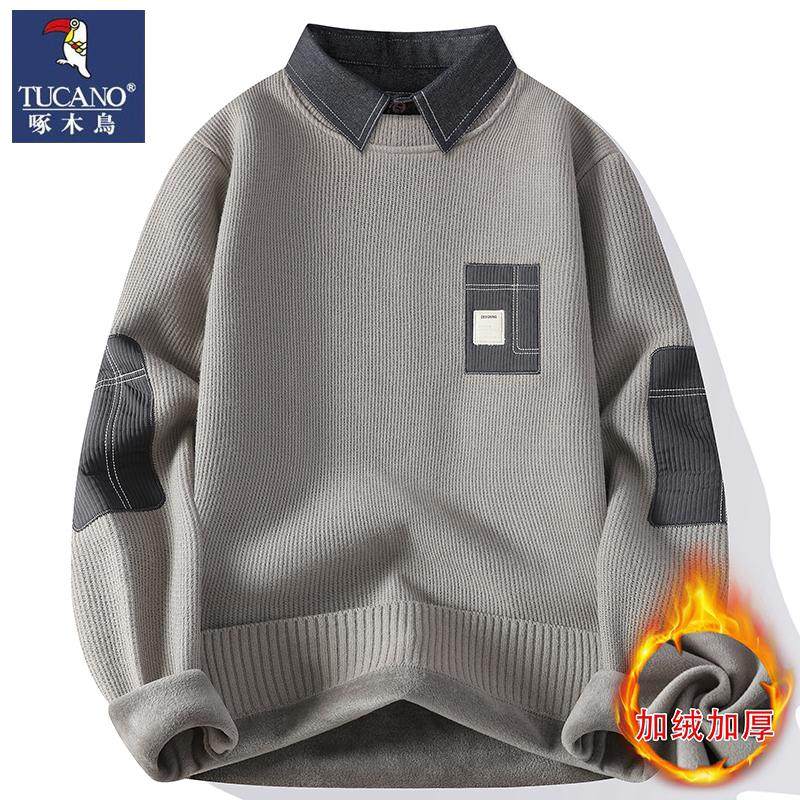 啄木鸟2025新款加厚假两件衬衫领套头打底衫男冬季内搭毛衣针织衫,男装,针织衫/毛衣,淘宝优惠券,粉丝福利购,淘宝优惠卷