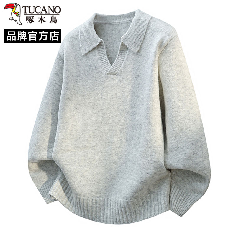 啄木鸟秋冬季男士翻领毛衣2025新款宽松套头保暖针织衫休闲打底衫
