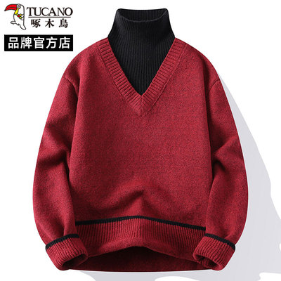 啄木鸟男V领假两件撞色针织衫