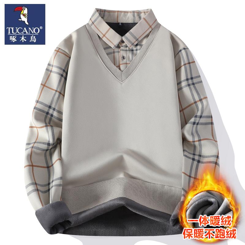 啄木鸟新款加绒格子保暖外套毛衣