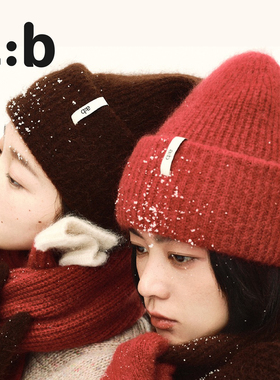 a:b礼物特快温暖三件套马海毛帽子棕色红色羊毛