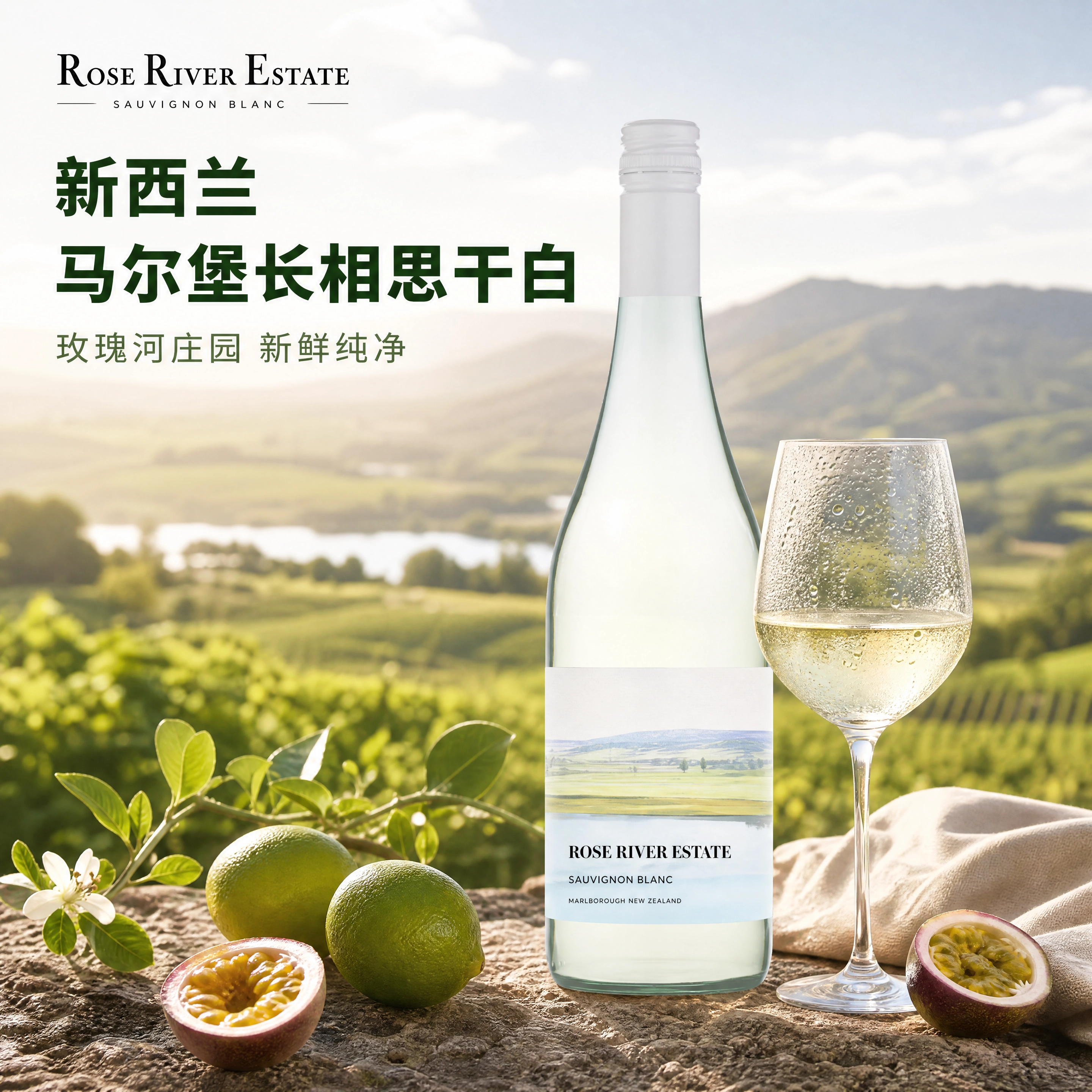 新西兰马尔堡长相思白葡萄酒玫瑰河庄园干白新鲜纯净