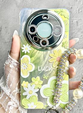 适用华为mate70pro手机壳mate60保护套mata50绿色油画花高级感mete40新款魅特30女mt70pro十全包镜头防摔50e