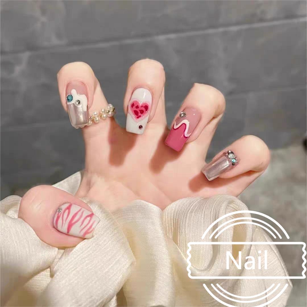 夏日甜心美甲豹纹爱心穿戴美甲超可爱小众可拆卸指甲甲片穿戴甲