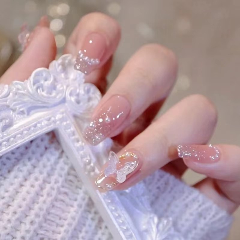 手工定制假指甲贴片成品法式仙气立体蝴蝶显白新娘甲孕妇穿戴美甲