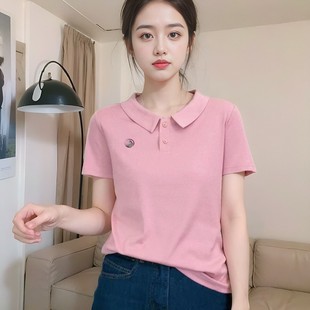 T恤棉上衣女夏季 休闲百搭POLO衫 短袖 新款 翻领新款 气质减龄打底衫