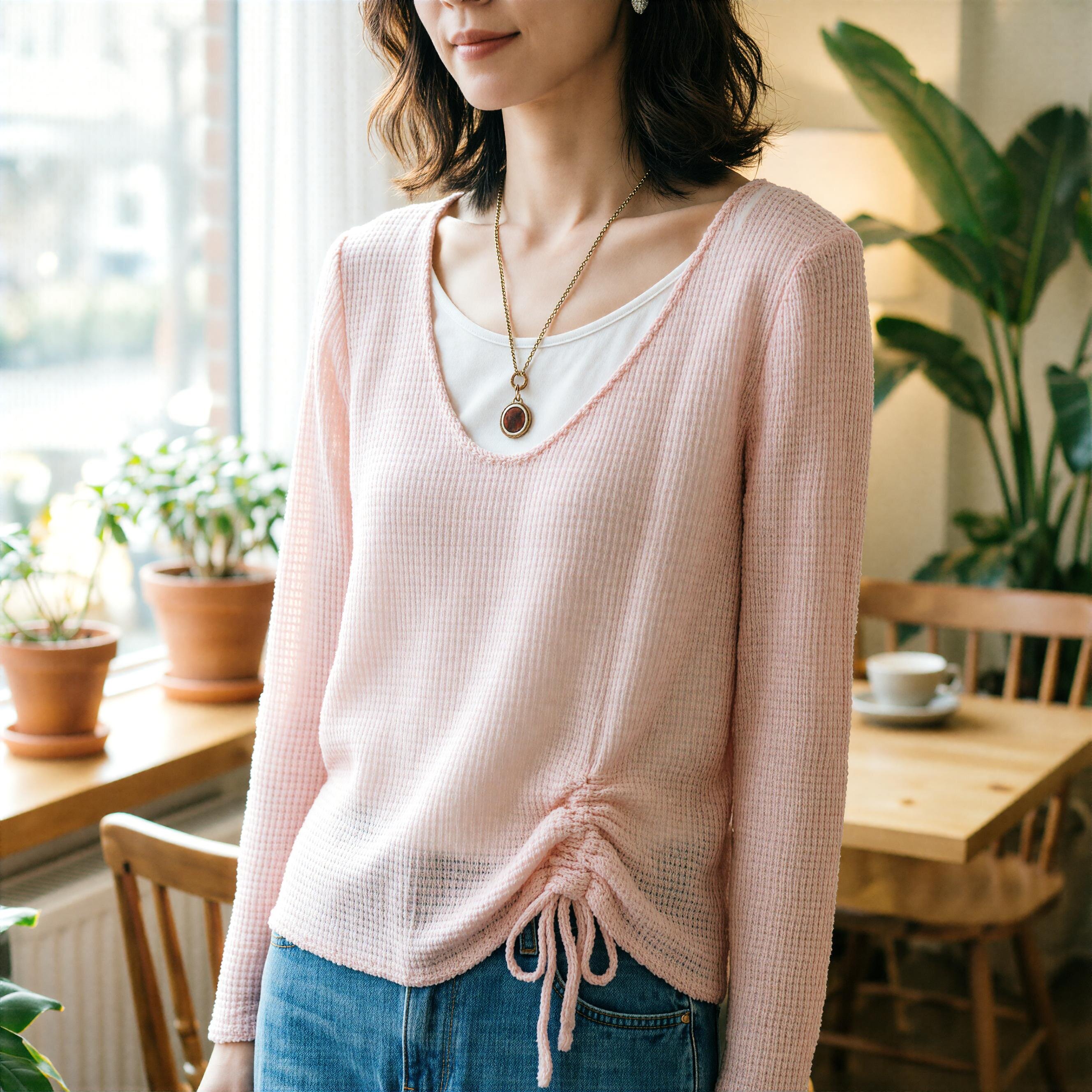 大码胖mm春夏新款复古撞色假两件抽绳针织衫女显瘦设计感休闲上衣