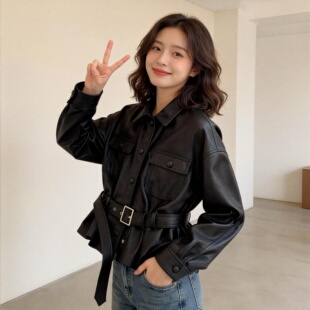 洋气夹克外套荔枝纹皮机车服宋佳网红 时尚 海宁皮衣女短款 2026新款