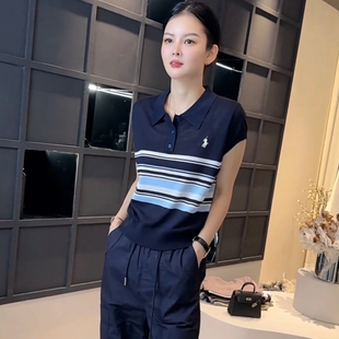 百搭休闲显瘦上衣 夏季 新款 设计感撞色条纹刺绣翻领短袖 T恤女时尚