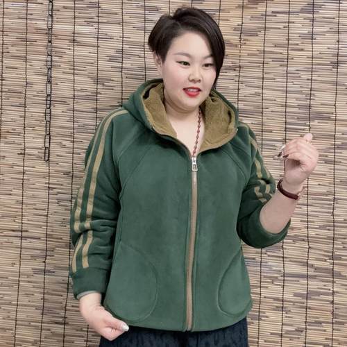 冬季加绒加厚北极绒连帽卫衣女