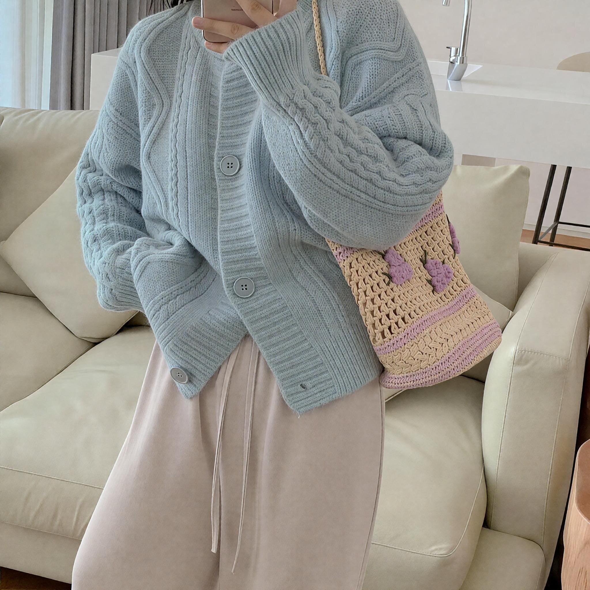 纯色毛衣秋冬麻花新款宽松厚款甜美百搭韩版慵懒风针织开衫外套女