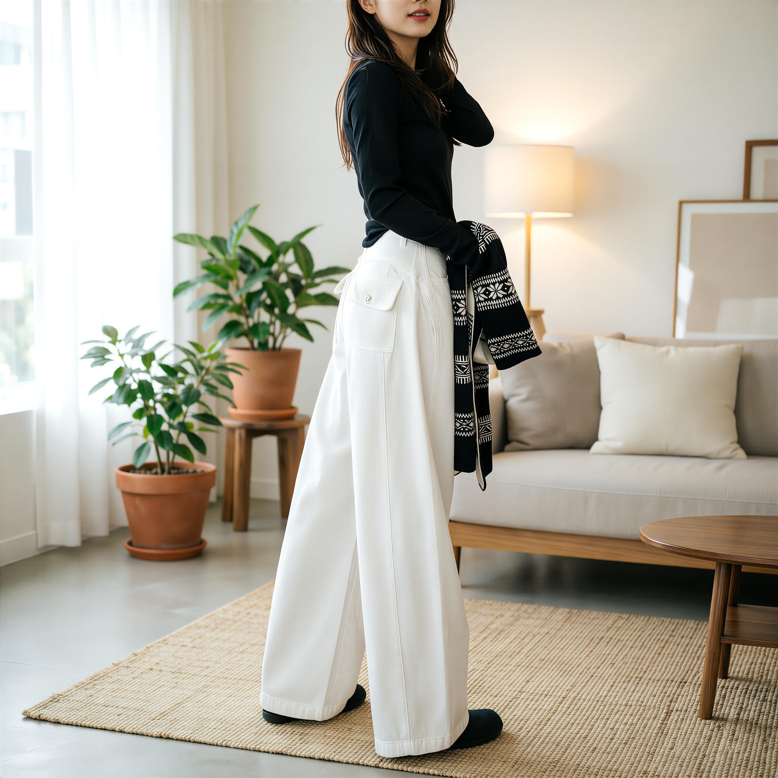 美式复古白色宽松阔腿弯刀牛仔裤女小个子高腰显瘦垂感休闲直筒裤