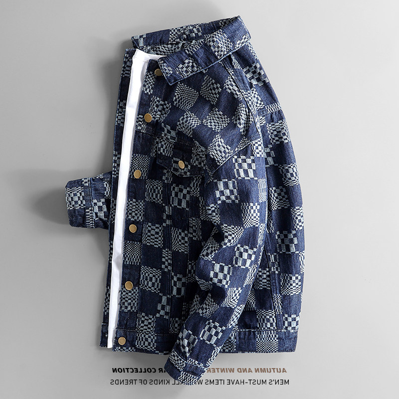棋盘格子牛仔外套男装高级感潮牌工装夹克春秋季时尚休闲宽松上衣