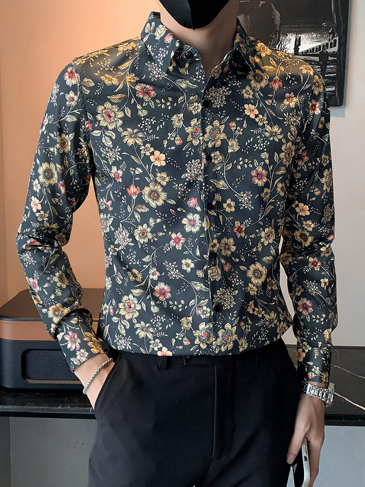 花衬衫男长袖潮牌ins痞帅高级感春秋季男装2025新款港风碎花衬衣