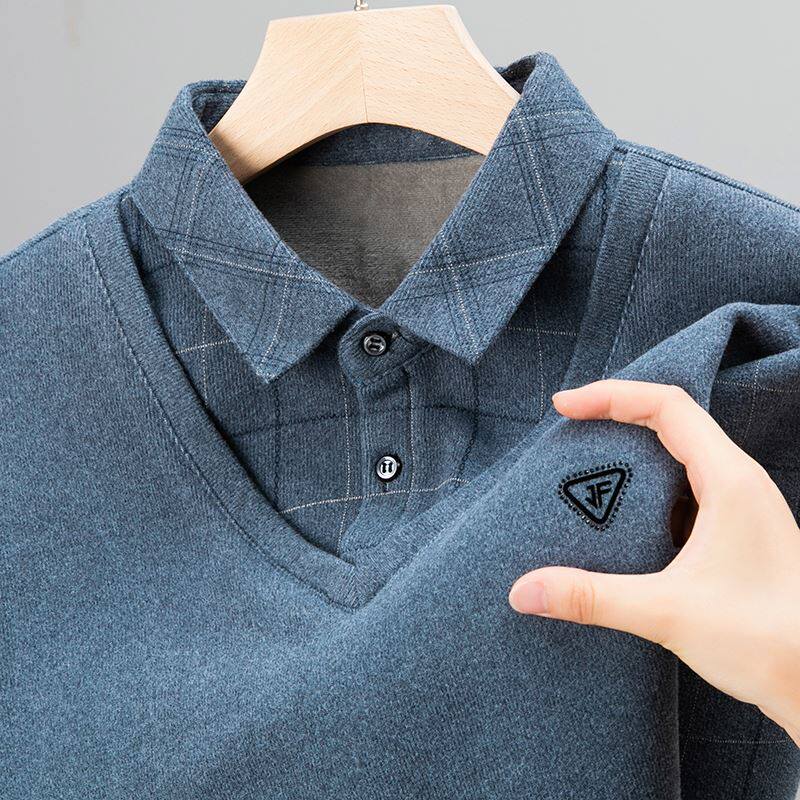 秋冬季加绒假两件Polo衫男士长袖T恤2025新款中老年爸爸装打底衫