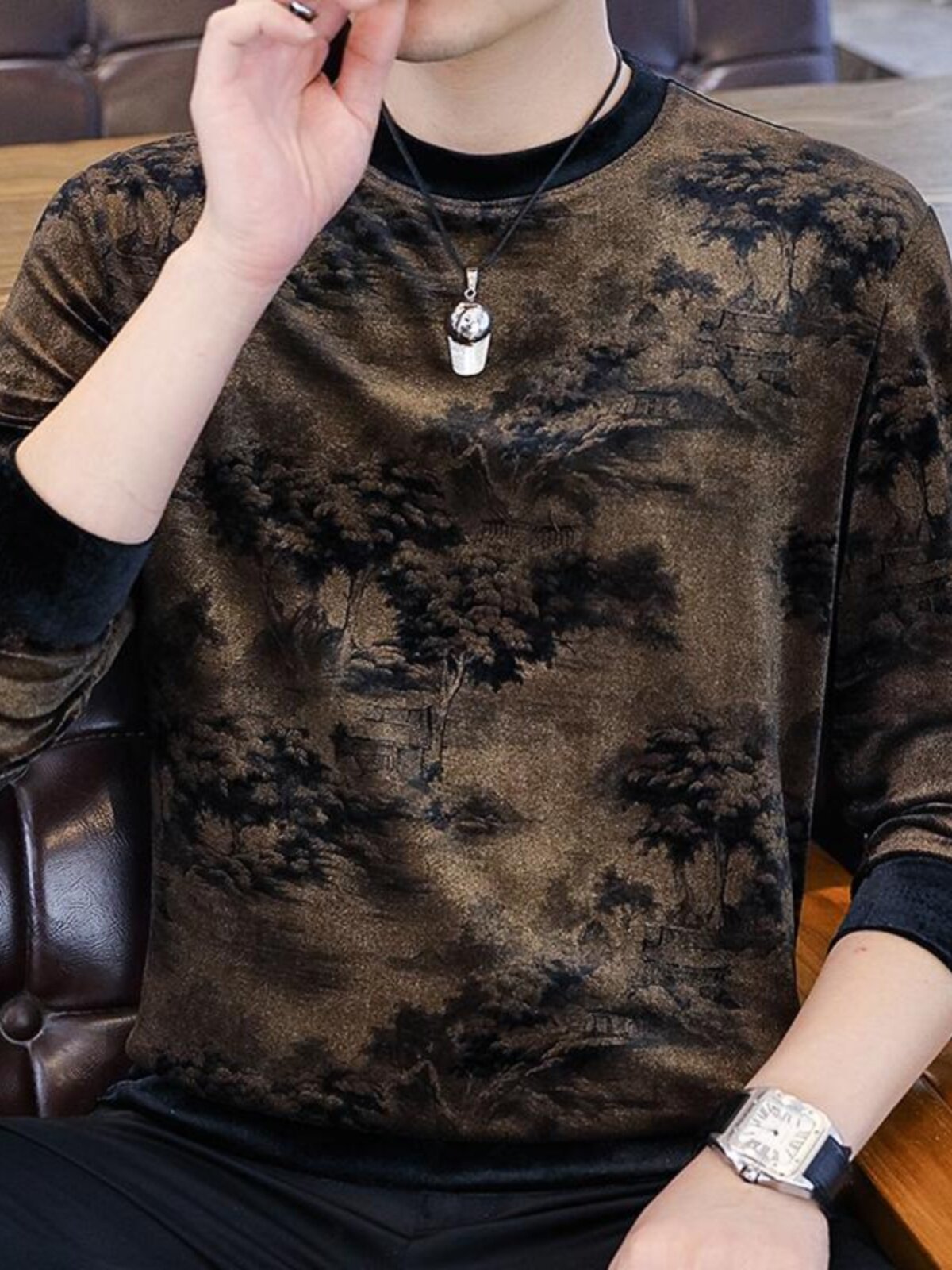 高级感金丝绒卫衣男士2025秋季新款潮牌长袖t恤痞帅套头打底衫男