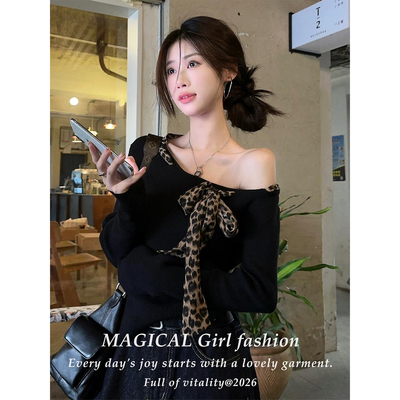 美式复古豹纹系带长袖罩衫女春秋