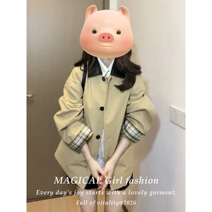 早秋穿搭时尚风衣外套女款2026新款春秋季韩系高级感格纹长袖大衣