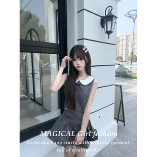 甜美娃娃领无袖上衣连衣裙少女款夏季巨好看穿搭褶皱短裙两件套装