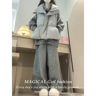韩系穿搭一整套针织毛衣女款秋冬季保暖加厚棉服马甲外套三件套装