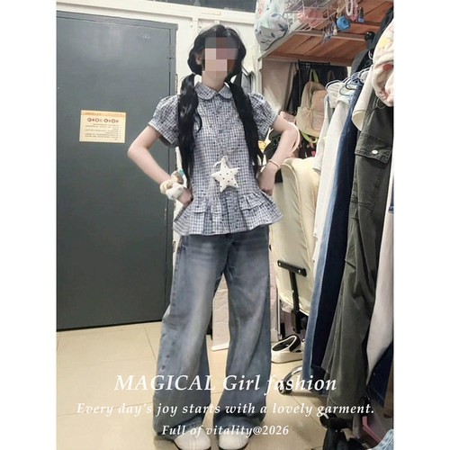 韩系巨好看格纹荷叶边短袖衬衫女