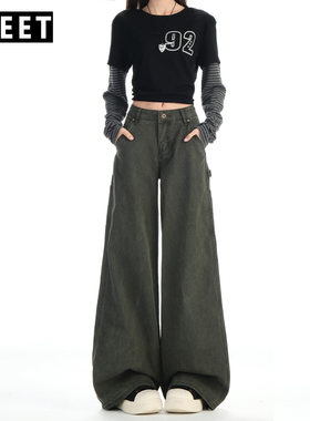 美式复古军绿色多口袋工装裤女秋季新款街头风宽松显瘦遮胯阔腿裤