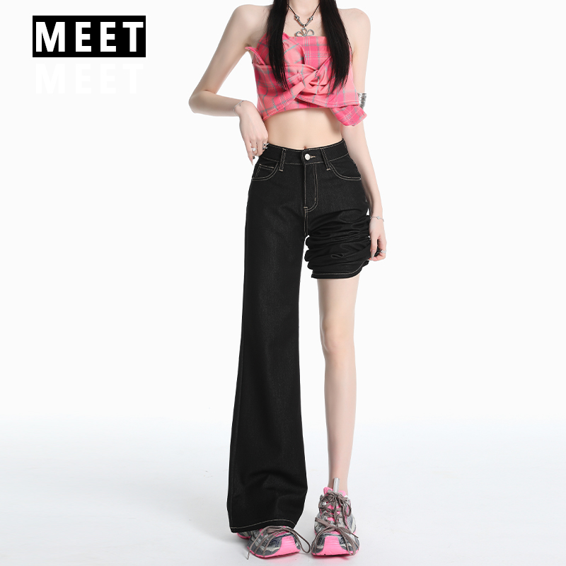 美式直筒喇叭牛仔裤女2025夏季薄款小个子高腰垂感抗皱喇叭长裤子