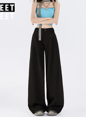 黑色高腰西装裤女宽松直筒垂感女款秋季新款高级感阔腿裤休闲裤子
