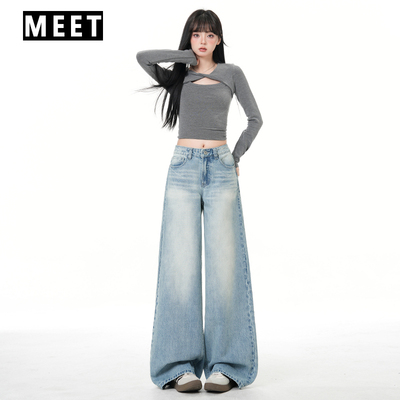 2026春美式水洗垂感阔腿牛仔裤女