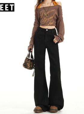 2025早秋黑色弹力不贴腿微喇牛仔裤女小个显瘦梨型遮胯显高喇叭裤