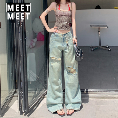 美式复古破洞直筒牛仔裤女