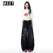 宽松显瘦百搭小众设计弯刀裤 黑灰星星印花阔腿牛仔裤 女2026春新款