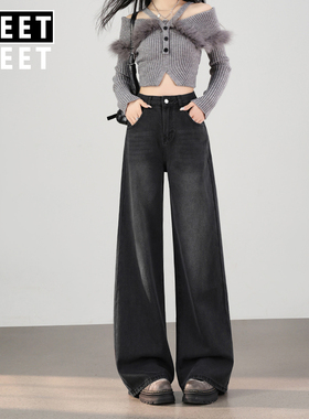 黑灰色小个子窄版加绒直筒牛仔裤女秋冬梨形身材显瘦休闲日常长裤
