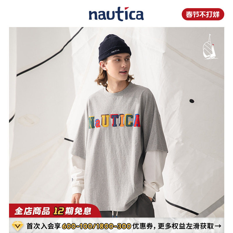 【官方正品】nautica白帆 日系中性假两件宽松长袖圆领T恤TW3319