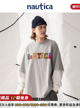 【官方正品】nautica白帆 日系中性假两件宽松长袖圆领T恤TW3319