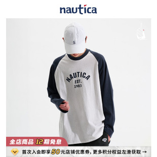 白帆日系中性简约插肩圆领长袖 nautica T恤JPTW4302 官方正品