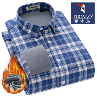 啄木鸟冬季男款加绒衬衫纯棉保暖格子休闲宽松大码加厚衬衣长袖