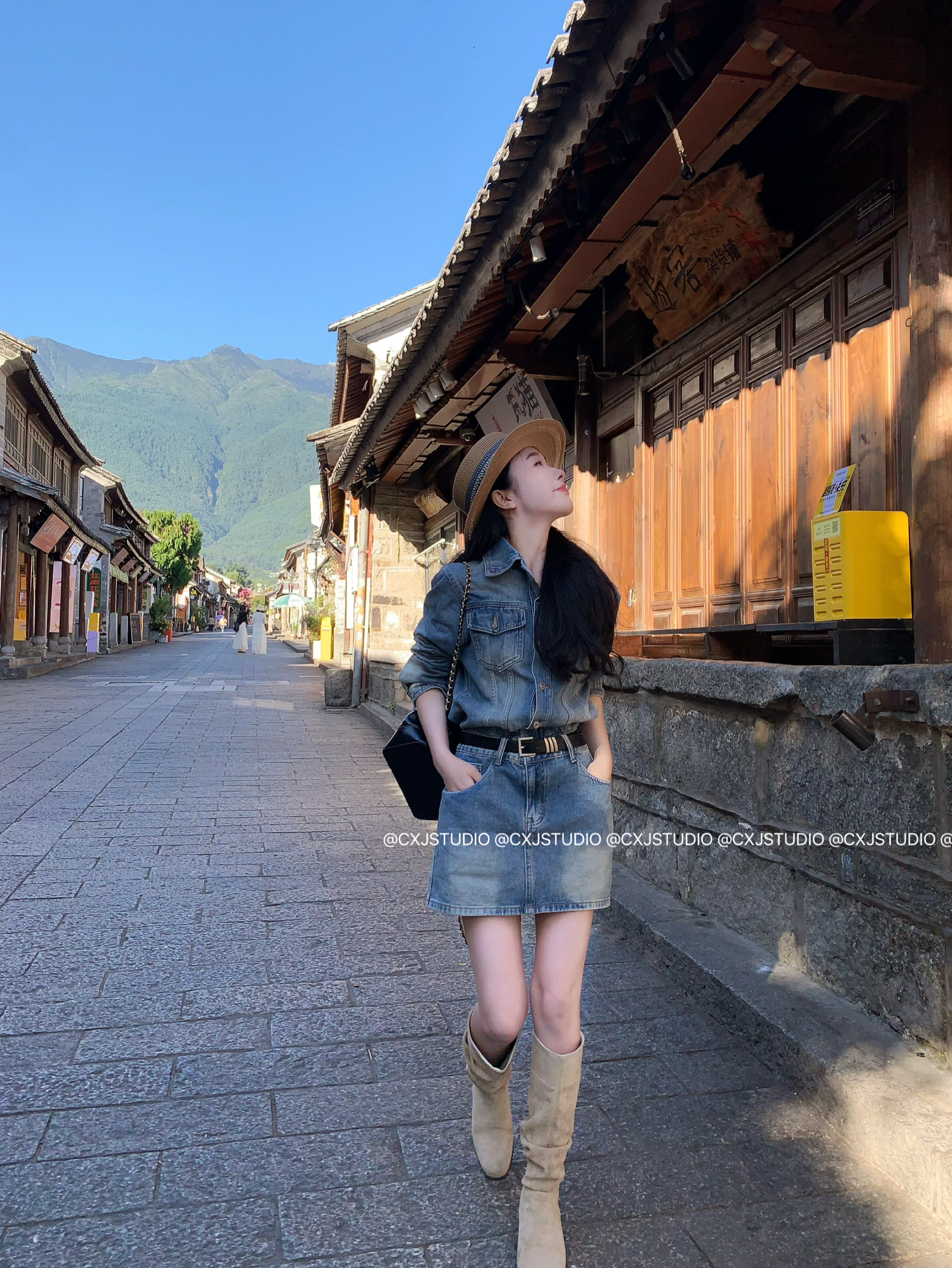 陈可爱2025复古蓝牛仔连衣裙女慵懒舒适通勤牛仔衬衫短裙连体套装