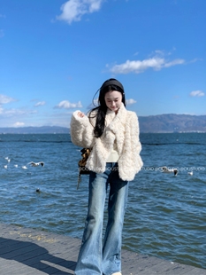 陈可爱小个子定制复古深蓝色加绒微喇牛仔裤 高腰不贴腿显瘦微喇裤