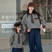 美式 亲子装 新款 套26春季 学院风穿搭送领带 母女复古格纹polo弯刀裤