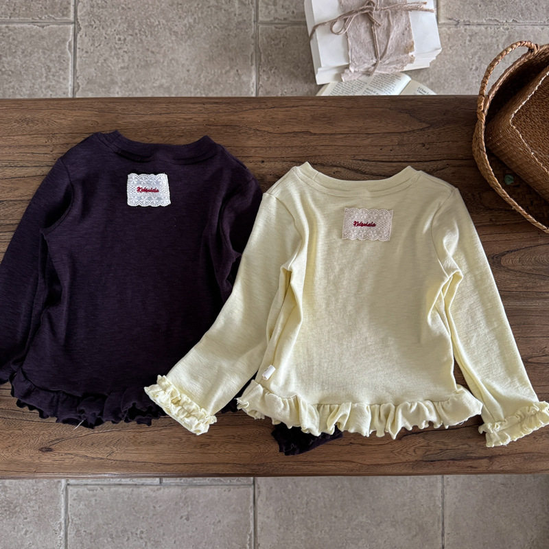 春秋儿童木耳边长袖打底衫韩版女童蕾丝贴标长袖T恤宝宝洋气上衣