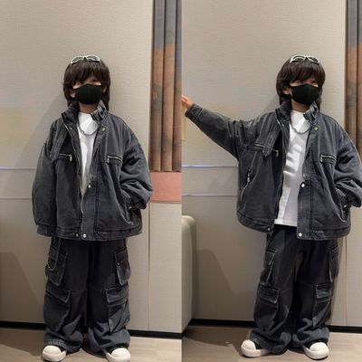 儿童复古工装牛仔二棉外套夹克式拉链上衣时髦潮酷