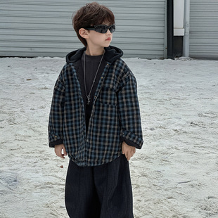 男童棉衣儿童深秋韩版2025新款格子连帽加棉加厚保暖潮范童装外套