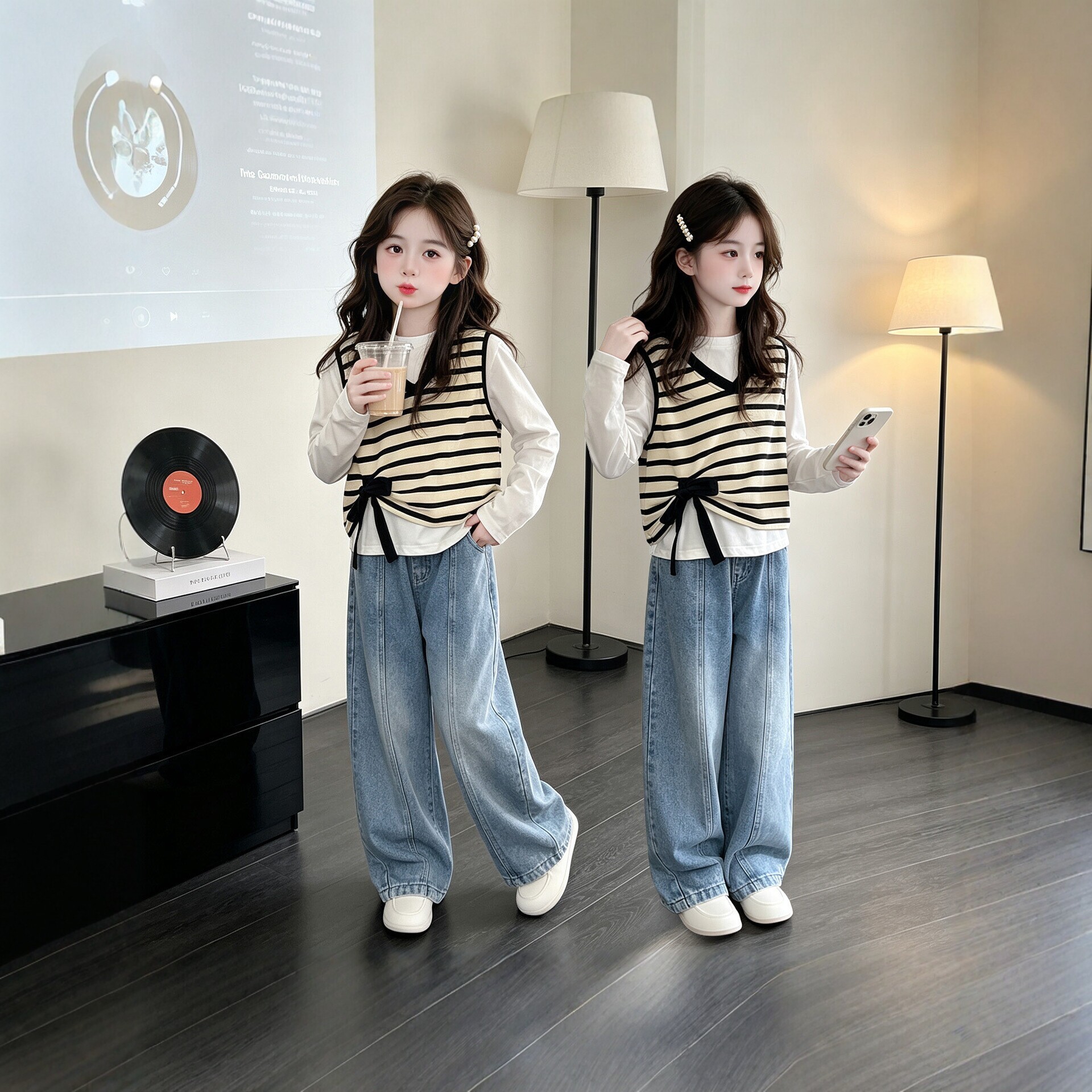 女童秋季新款韩版条纹马甲阔腿裤套装中大童潮酷休闲三件套穿搭秋