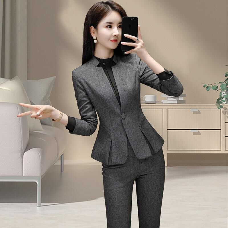 灰色女式西装外套 修身职业装套装 春秋通勤风面试正装