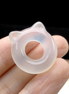 天然玛瑙猫圈吊坠挂件批发 冰透白玉髓猫耳朵面包圈猫头玉坠女款