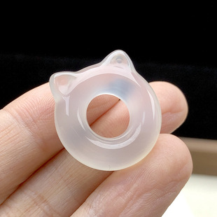 天然玛瑙猫圈吊坠挂件批发 冰透白玉髓猫耳朵面包圈猫头玉坠女款