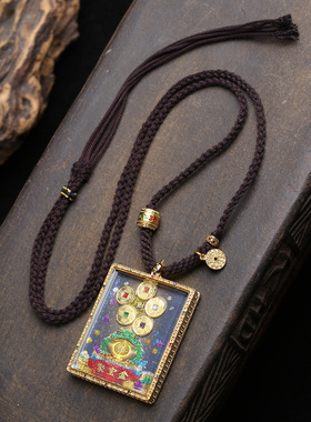 藏式文玩本命年唐卡五帝钱财库来财九尾狐吊牌毛衣链编织绳项链